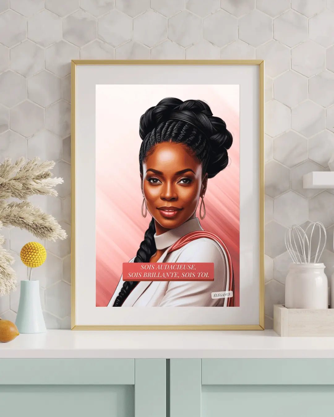 Affiche imprimable portrait de femme noire puissante et moderne en art digital, sans texte www.elegancesimplement.com