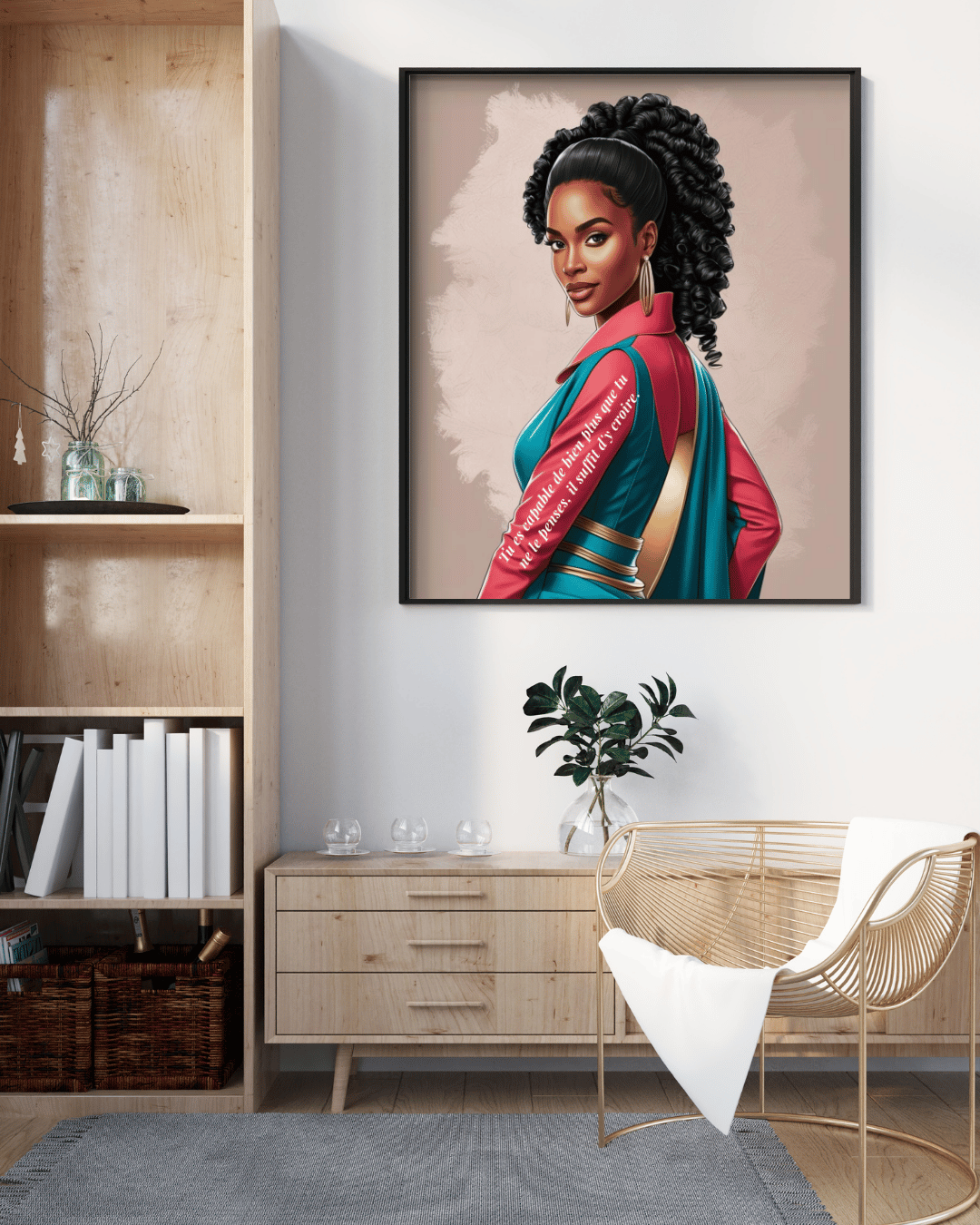 Illustration imprimable d'une femme noire puissante et élégante en portrait, sans texte. Design digital coloré et stylisé, parfait pour une décoration murale moderne et inspirante à imprimer soi-même.