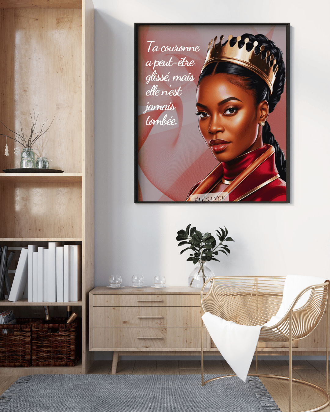 Illustration imprimable femme noire élégante et confiante, sans texte. Design digital haut de gamme pour déco murale moderne.