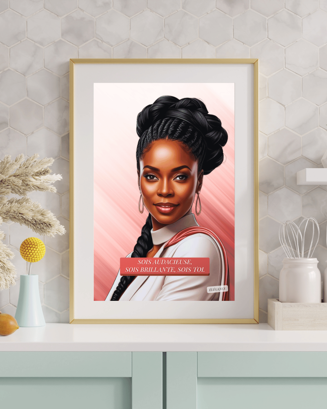 Affiche imprimable portrait de femme noire puissante et moderne en art digital, sans texte www.elegancesimplement.com