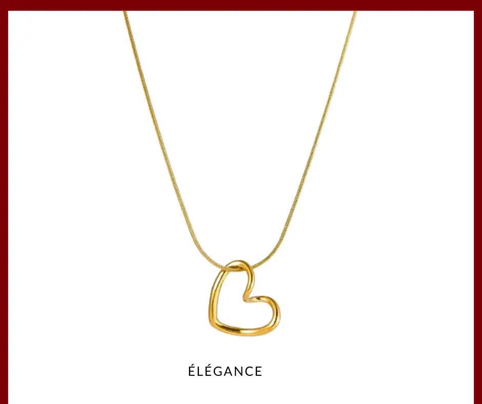 Collier breloque en cœur creux en acier elegance bijoux – Élégance Simplement, un bijou parfait pour offrir en cadeau de Saint-Valentin. Disponible sur www.elegancesimplement.com.