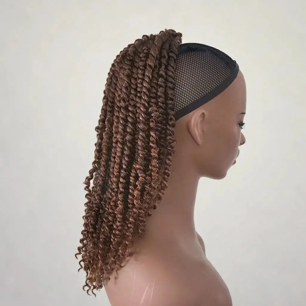 Queue de cheval pour femme noire, postiche élastique en Passion Twist faite à la main.