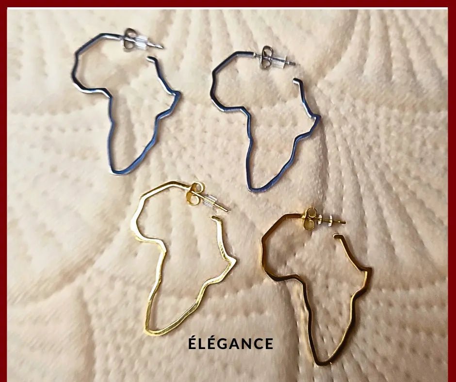 Grandes boucles d’oreilles dorées en forme de carte d’Afrique, plaqué or 24 carats, style chic.