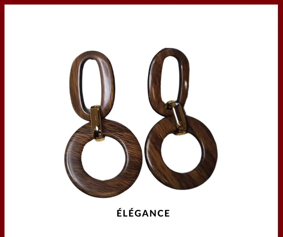 Boucles d’oreilles en bois et acier inoxydable pour femme, bijoux fantaisie pas chers et tendance. Accessoire élégant pour un look original, par Élégance Bijoux.