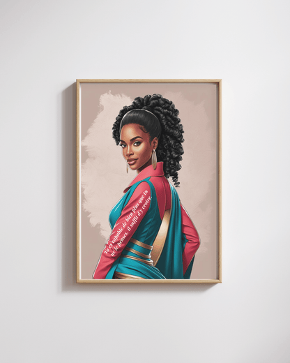 Affiche imprimable motivation « Crois en toi, toujours » au style moderne et élégant, portrait d’une femme noire confiante avec citation inspirante en français. Illustration digitale haute qualité à télécharger, déco murale empowerment féminin.