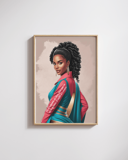 Affiche imprimable motivation « Crois en toi, toujours » au style moderne et élégant, portrait d’une femme noire confiante avec citation inspirante en français. Illustration digitale haute qualité à télécharger, déco murale empowerment féminin.