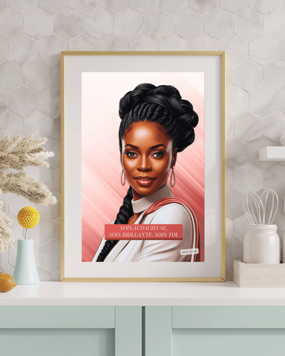 Affiche imprimable portrait de femme noire puissante et moderne en art digital, sans texte www.elegancesimplement.com