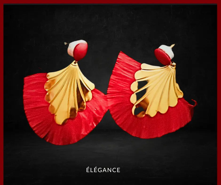 boucles d'oreilles originales, boucles d'oreilles bohème, bijou femme, boucles d'oreilles dorées, boucles d'oreilles tendance, boucle d'oreille pendantes, boucles tissus, boucles d'oreilles éventail, élégance bijoux_elegance bijoux_élégance bijoux_elegance simplement