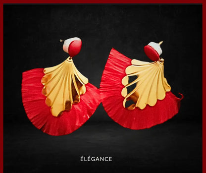 boucles d'oreilles originales, boucles d'oreilles bohème, bijou femme, boucles d'oreilles dorées, boucles d'oreilles tendance, boucle d'oreille pendantes, boucles tissus, boucles d'oreilles éventail, élégance bijoux_elegance bijoux_élégance bijoux_elegance simplement