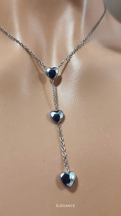 Collier Long 3 Cœurs Acier inoxydable argent Elégance Simplement