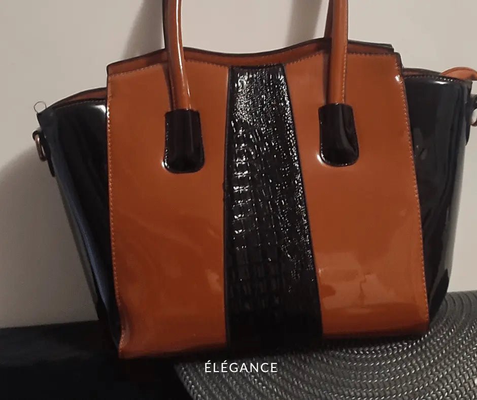 Grand Sac à Main Vernis Noir et Chocolat | Neuf Sans Etiquette Elégance Simplement Sac femme vernis noir grande capacité 40x30 cm
