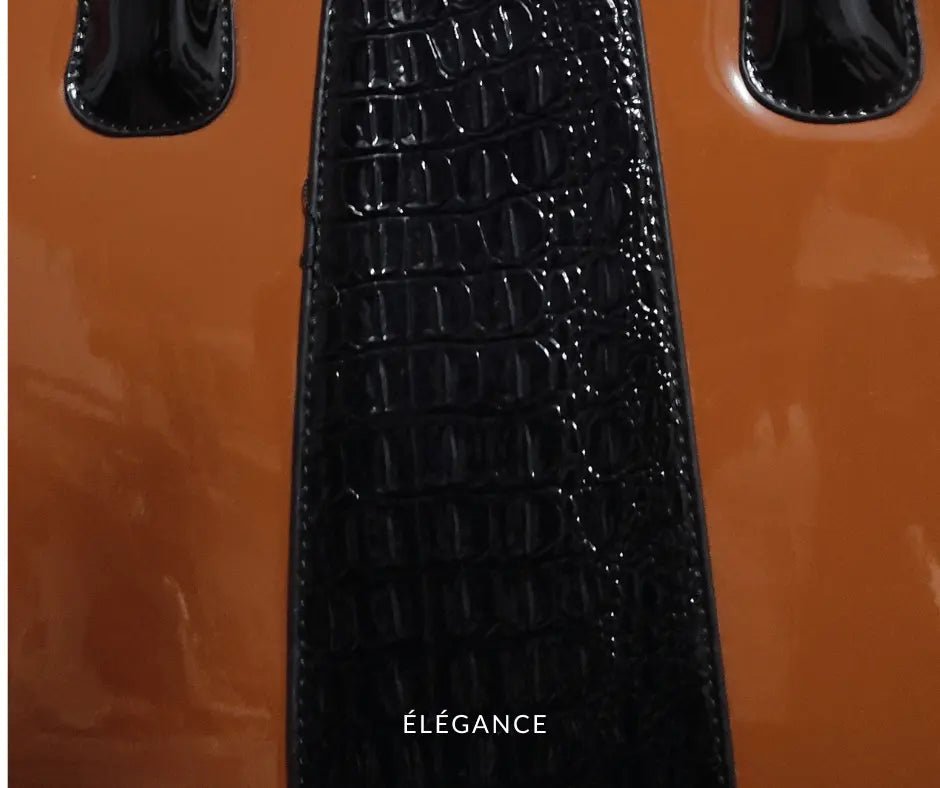 Grand Sac à Main Vernis Noir et Chocolat | Neuf Sans Etiquette Elégance Simplement; Sac femme vernis noir grande capacité 40x30 cm