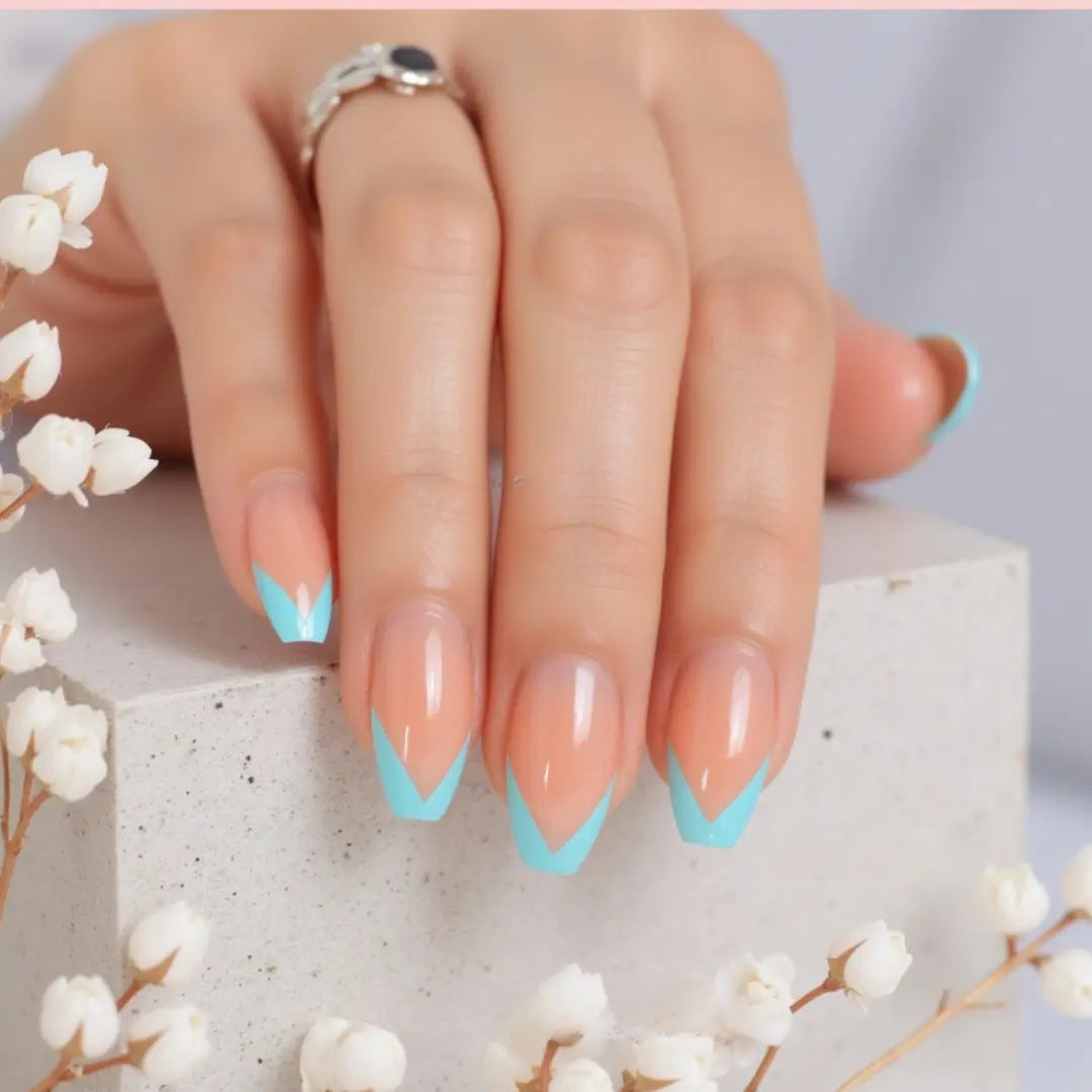 Kit ongles french- faux ongles sans colle - faux ongles french carré - faux ongles ballerine à pression French manicure V_french manucure bleue - NAILS&LASHESBYCHA faux ongles réutilisables faux ongle mi long faux ongles avec french french sur ongle ballerine