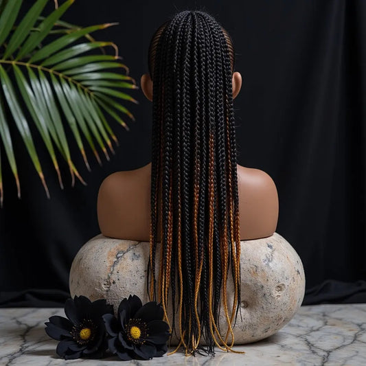 Postiche tressé 16 pouces avec tresses colorées bicolores – Queue de cheval meches tresses, idéal pour une coiffure africaine élégante. Disponible sur Crépus & Co, Élégance Simplement pour un look naturel et moderne. 