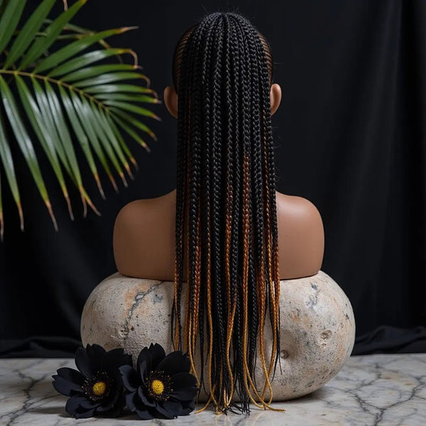 Postiche tressé 16 pouces avec tresses colorées bicolores – Queue de cheval meches tresses, idéal pour une coiffure africaine élégante. Disponible sur Crépus & Co, Élégance Simplement pour un look naturel et moderne. 