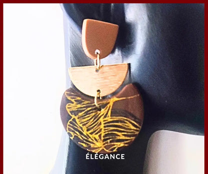 Bijou femme chic : boucles d’oreilles feuille de ginkgo en argile polymère, légères et tendance, collection Élégance bijoux, elegance Simplement.