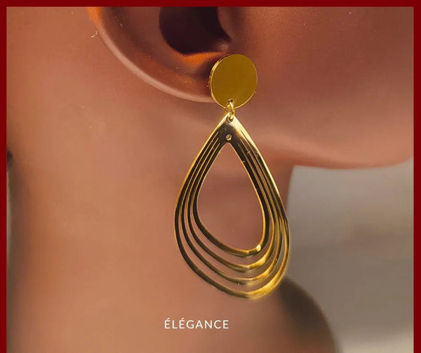 Bijoux femme, boucles d’oreilles ovales pendantes plaqué or 18K, design chic et moderne