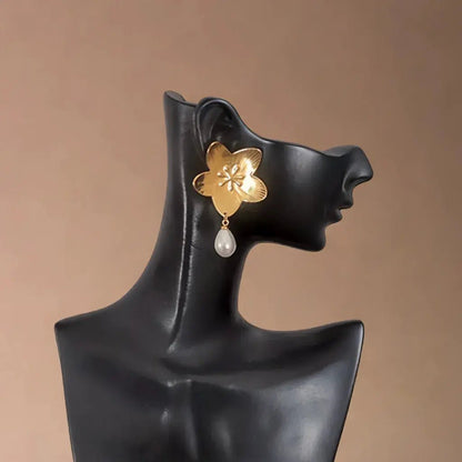 Boucles d’Oreilles Fleur & Perle Dorée Acier Elégance Simplement