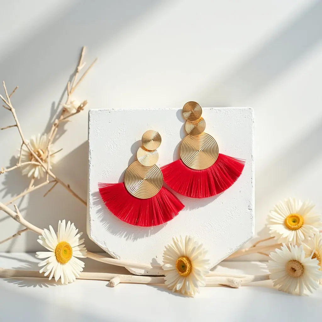 Boucles d'oreilles bohèmes rouges et dorées, un accessoire XXL unique pour un look original.