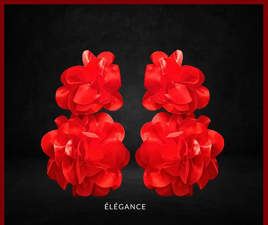 Boucles d’oreilles fleurs rouges XXL en tissu satiné, design bohème chic