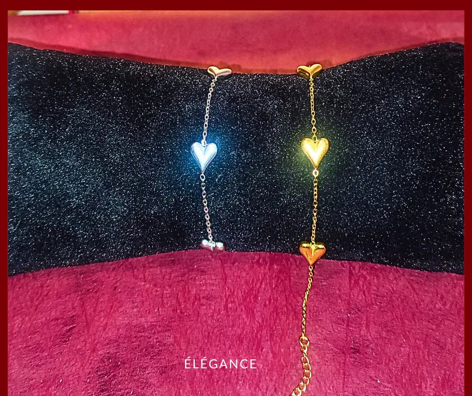 Bracelet en acier inoxydable doré avec motif zigzag et cœurs, bijou tendance pour femme.