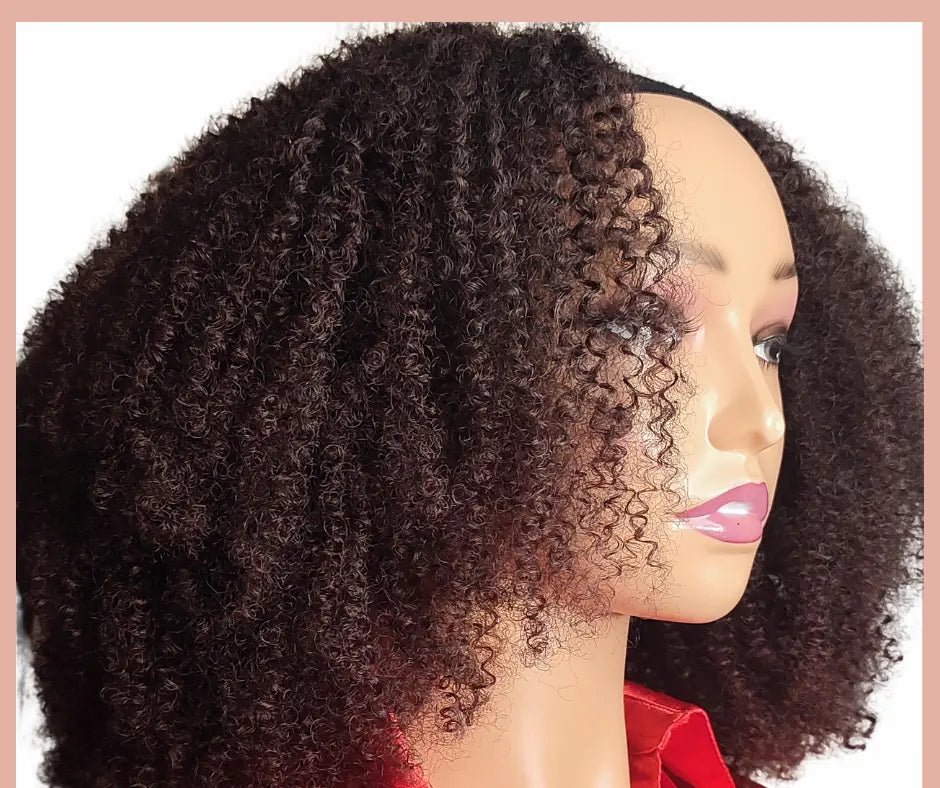 Perruque afro U-Part frisée boucles 3C naturelles, sans colle, effet afro chic. Idéale pour femmes cheveux crépus et frisés.