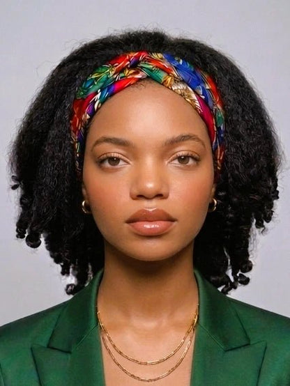 Perruque Taby aux boucles noires texturées et volumineuses, portée avec un bandeau en soie coloré et une veste vert émeraude, style élégant et raffiné.