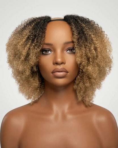 Perruque U-Part serah à cheveux afro bouclés kinky curly, dégradé ombré noir et blond doré 1B/27 crepus and co