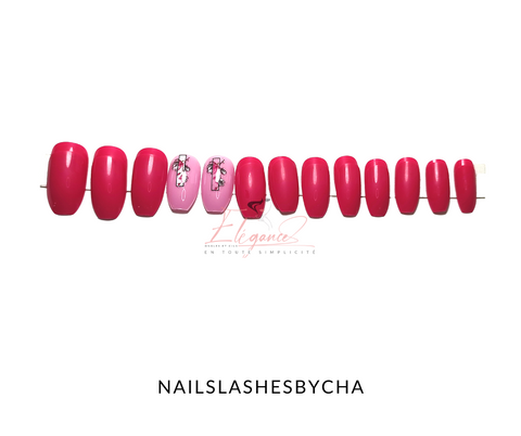 Kit faux ongle press on nails mi-long ballerine édition Sain-Valentin - Rose fleurie | NailsLashesbyCha