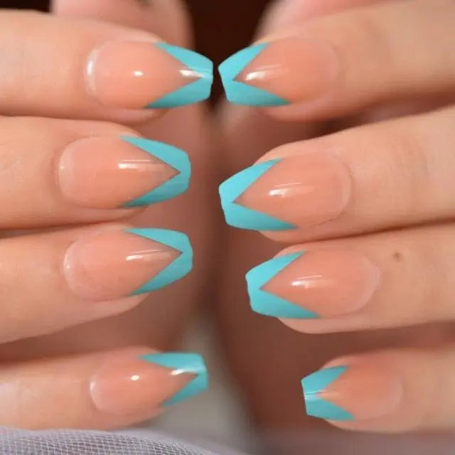 Kit ongles french- faux ongles sans colle - faux ongles french carré - faux ongles ballerine à pression French manicure V_french manucure bleue - NAILS&LASHESBYCHA faux ongles réutilisables