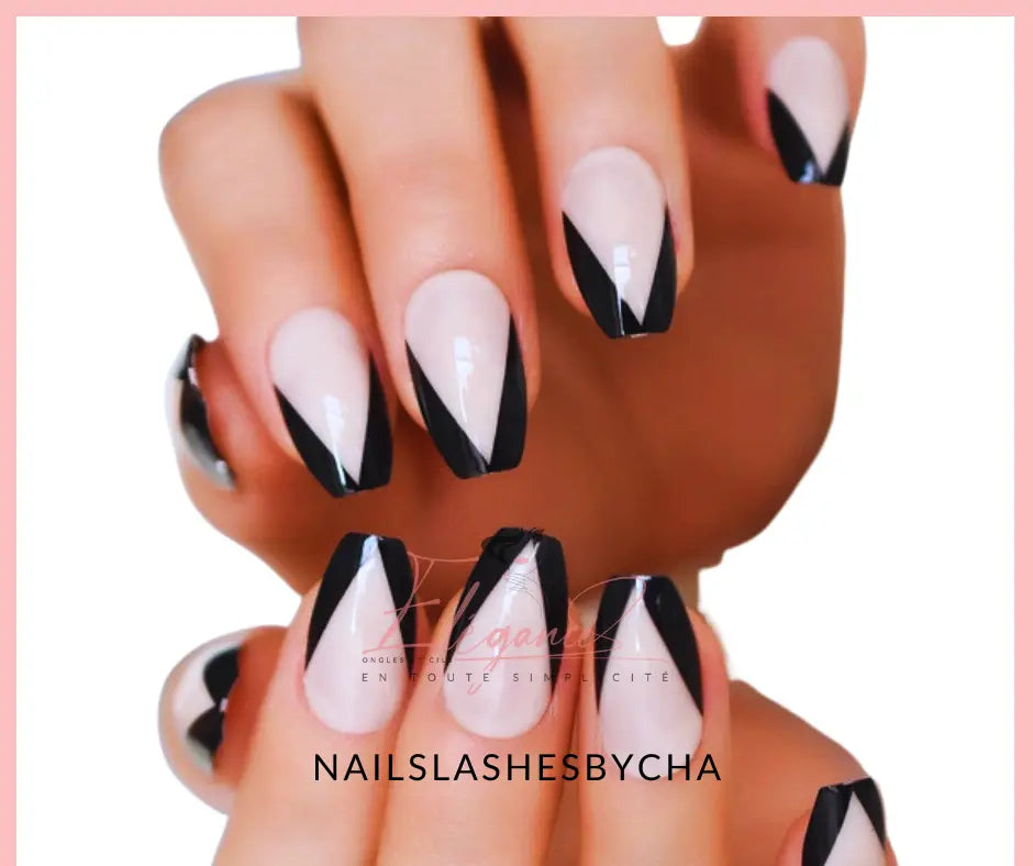 Faux ongles french manucure originale en v noire-faux ongles réutilisable sans colle-faux ongles reutilisable_ongle french original_faux ongles french noire_french originale- faux ongle mi long